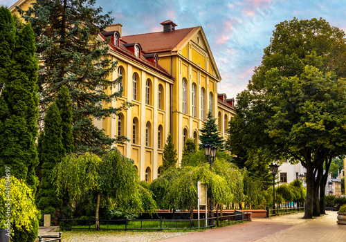 Historic building of first primary school of Julian Rydzykowski at 31 Stycznia street in old town quarter of Chojnice in Poland