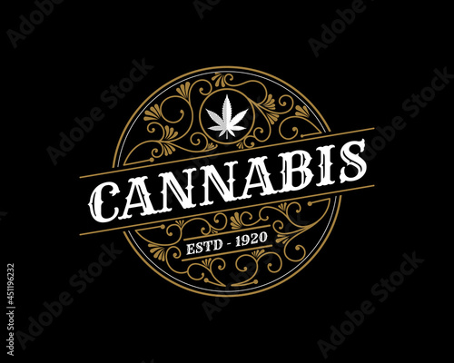 antique Luxury royal vintage Cannabis plant and leaf logo with decorative ornamental frame