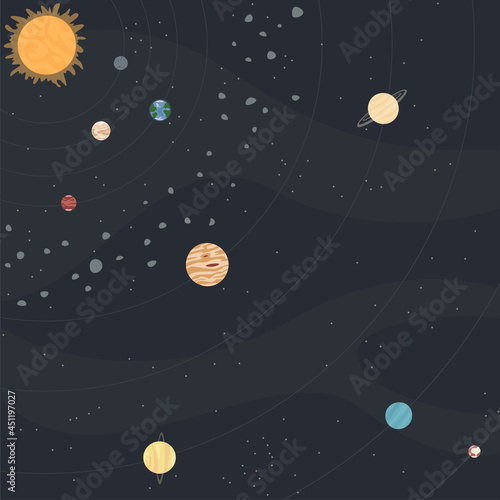 diagram of the solar system with sun, planets, asteroid belt in square frame