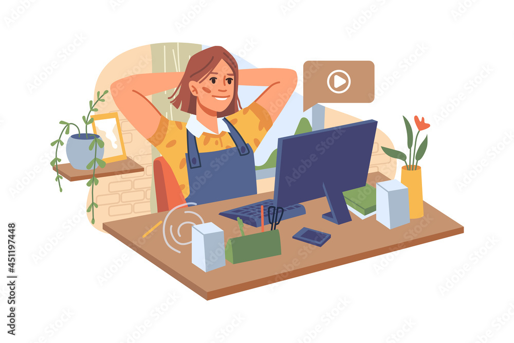 Teenager woman sitting at desk on chair and watching movies on computer in room. Vector online education, girl flat cartoon character looking on display and watch video game or film, leisure time Teenager woman sitting at desk on chair and watching movies on computer in room. Vector online education, girl flat cartoon character looking on display and watch video game or film, leisure time