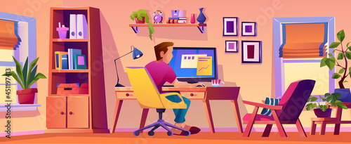 Wallpaper Mural Male character working from home, freelancer or distant worker. Man sitting by computer, living room or personal office with supplies and plant decoration. Flat style cartoon character, vector Torontodigital.ca