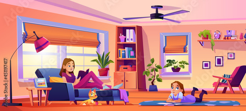 Parents and child girl at home spending time on hobby. Woman reading book on sofa, father working on computer and kid drawing on mat on floor. Flat style cartoon character, vector illustration