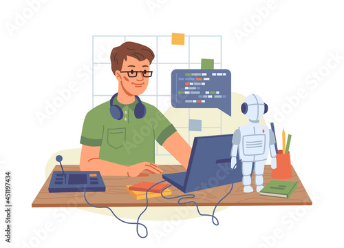 Portrait of male IT developer typing on keyboard programming code on computer screen and laptop isolated young programmer student. Vector college boy in glasses modeling robot, informatics lesson