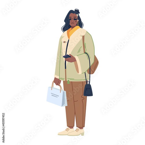 Woman in fashionable urban street style cloth, wintertime collection, stylish vogue isolated flat cartoon character. Vector afro american fat, girl in warm coat, trousers after shopping with bags