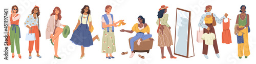 Women shopping, trying choosing cloth and shoes in shop store, people flat cartoon set. Vector buyers in fitting room near mirror. Stylish women with bag and dress on hangers, girl in hat, boutique