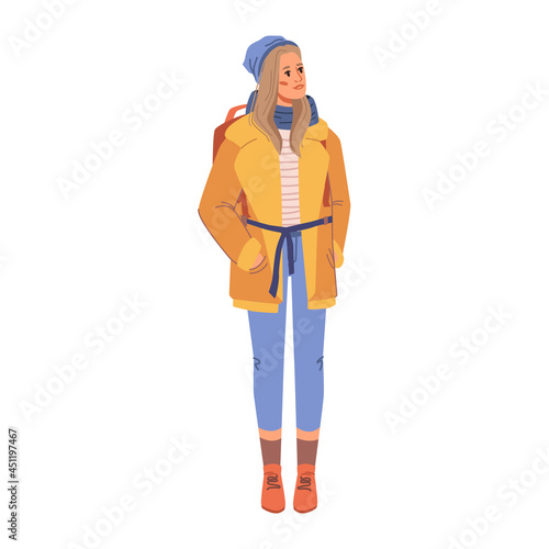 Fashionable woman in yellow coat on belt, blue jean trousers and red leather shoes, winter style collection. Vector fashion lady in warm hat and scarf, backpack rucksack on back, urban street gown