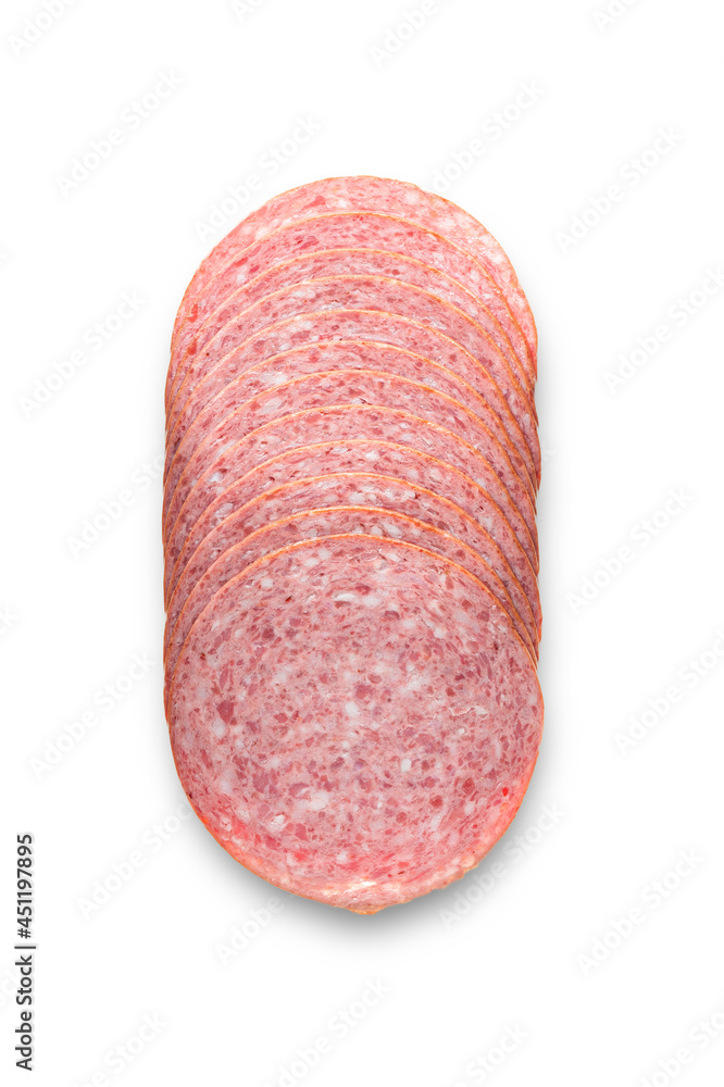 slices of fresh salami sausage, a meat delicacy will be poured on a white background slices of fresh salami sausage, a meat delicacy will be poured on a white background