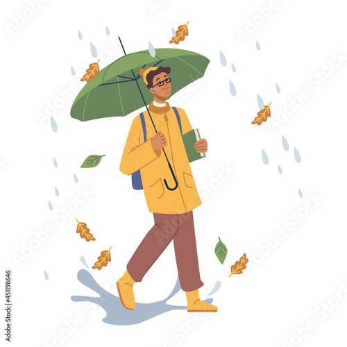 Person walking under rain in autumn cold weather, male personage holding book and umbrella. Teenager wearing protective raincoat. Falling dry leaves and drops. Cartoon character in flat style vector