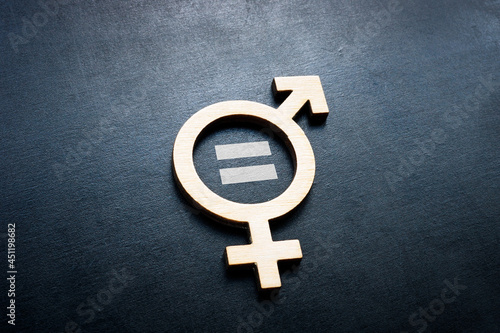Gender equality concept. Wooden symbol and equal sign. photo