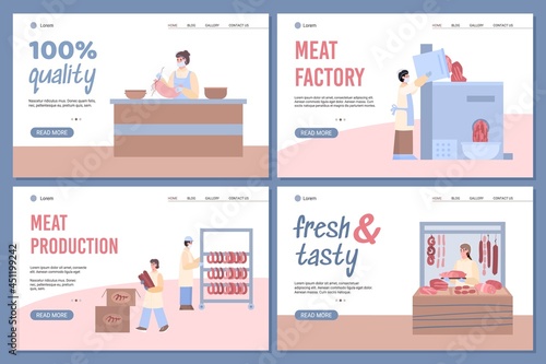 Website banners for meat industry with machinery, flat vector illustration.