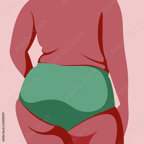 vector trendy illustration on the theme of body positivity. silhouette of a beautiful fat girl who stands with her back and is not at all ashamed of fat folds on her body. image in pastel colors.