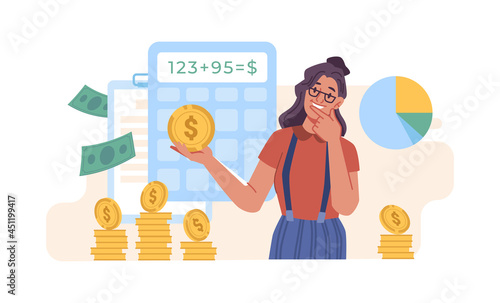 Calculation, bookkeeping investment money concept, flat cartoon. Vector woman with calculator counting, thinking about profit. Economic audit, financial analysis, tax accounting, bill payment