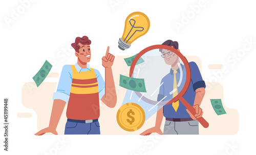 Thinking business people searching and finding solution with magnifier glass and light bulb isolated flat cartoon characters. Vector puzzled investors brainstorming, choosing new solutions, investment