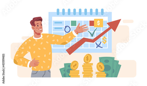 Investment money concept isolated cartoon man planning payments on calendar schedule, income growth. Vector growing arrow price on chart, stack of gold coins and bills, invest strategy and banking