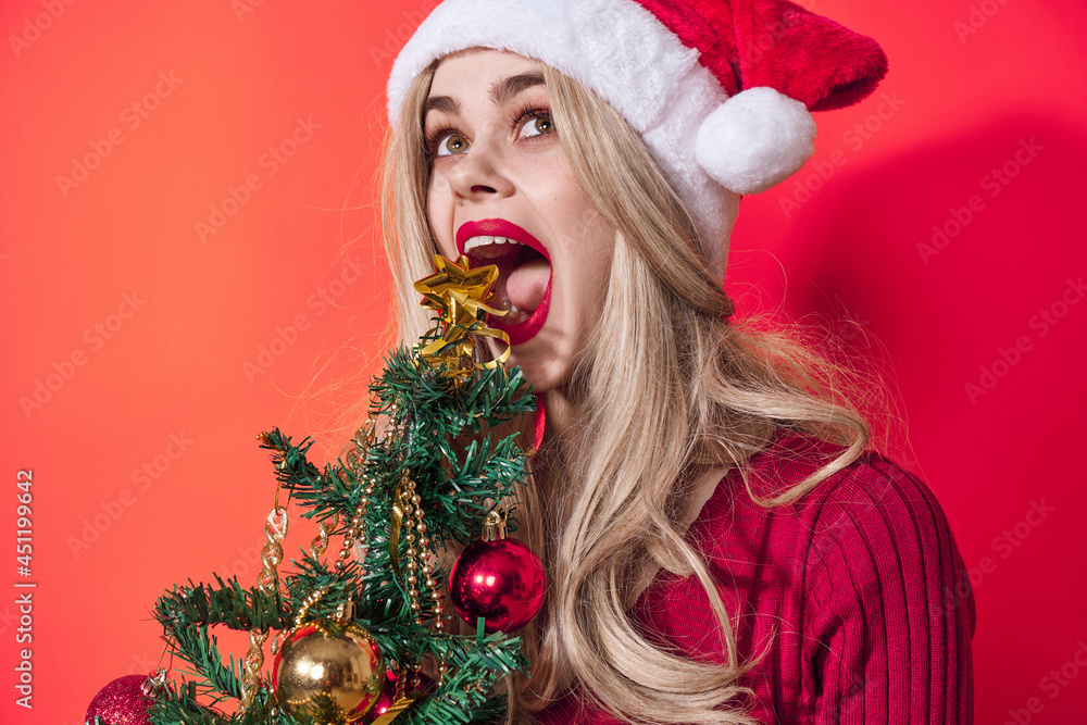 pretty woman holding christmas tree decoration holiday fun red background pretty woman holding christmas tree decoration holiday fun red background