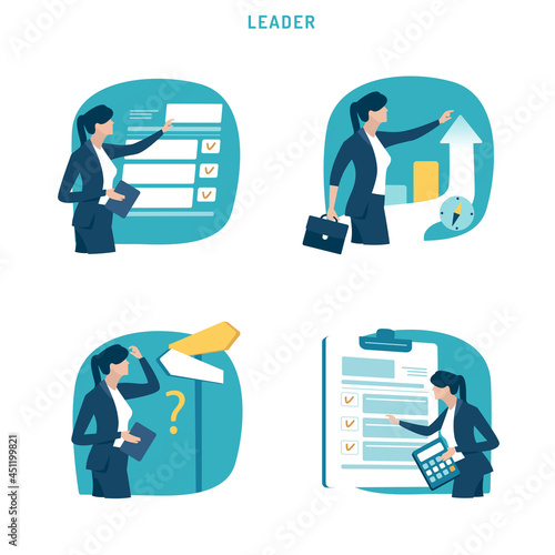 Female leader. Project. Project management. Confusion. Set of business vector illustration.
