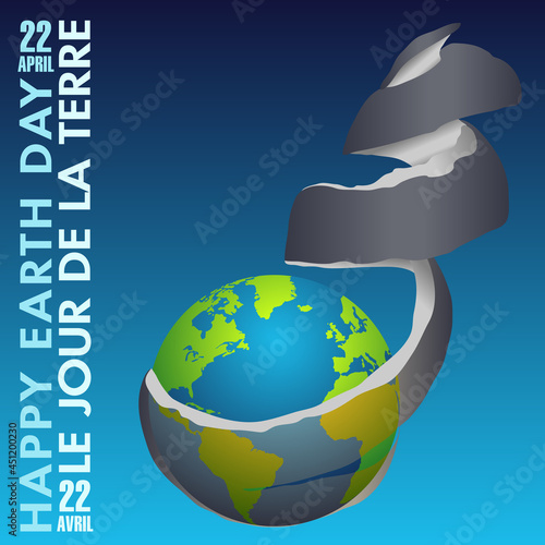Affiche écologique pour le jour de la terre du 22 avril avec une planète 3D dessiné comme une orange épluché - texte français, anglais - traduction : le jour de la terre.