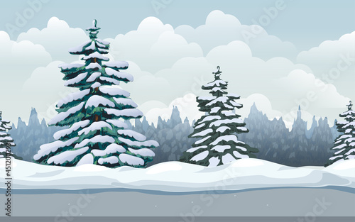 Winter landscape seamless forest background. Vector cartoon illustration of cold winter sunny day outdoor. cold season nature scene with snowy spruce, evergreen coniferous forest, snow drifts and road