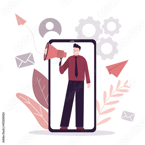 Male promoter with megaphone advertises new social network. Handsome man with loudspeaker promote new product. Business man on smartphone screen