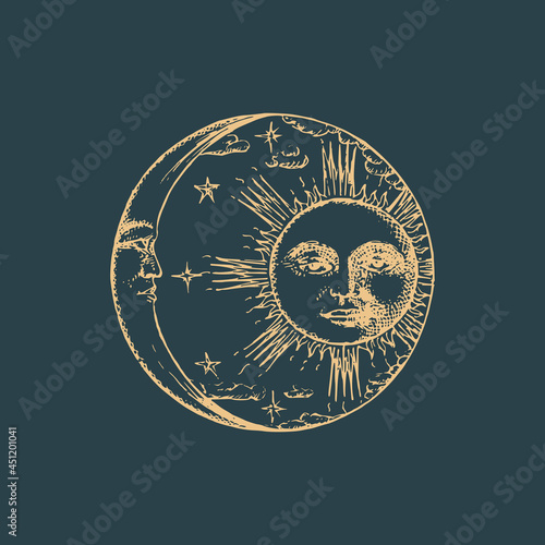 Sun, Crescent in engraving style. Vector drawing.