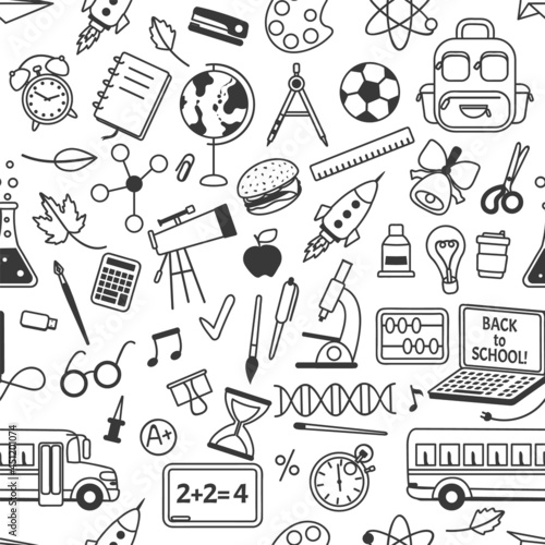 School doodles seamless pattern with school stationery. Hand drawn science, math, geography elements. Children school education vector background. Equipment and supplies for studying or learning