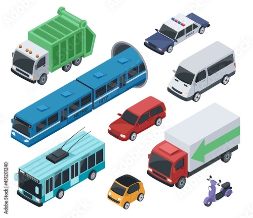 Isometric 3d public transport and city vehicle car, truck. Urban transportation van, subway train, police car. Cars and vehicles vector set. Municipal and private vehicles for driving
