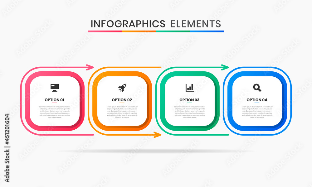 Vector Graphic of Infographic Element Design Templates with Icons and 4 Options or Steps. Suitable for Process Diagram, Presentations, Workflow Layout, Banner, Flow Chart, Infographic. Vector Graphic of Infographic Element Design Templates with Icons and 4 Options or Steps. Suitable for Process Diagram, Presentations, Workflow Layout, Banner, Flow Chart, Infographic.