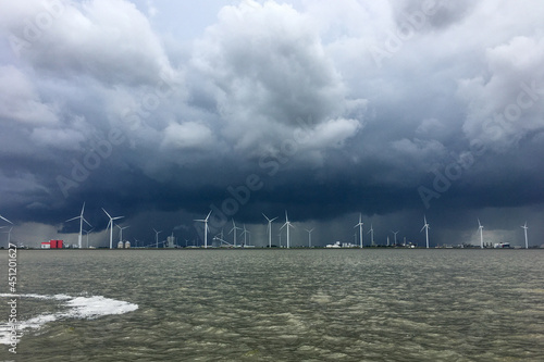 River Ems Mouth between Germany and Netherland with the Dutch Coast near Delfzijl with a storm approchaching