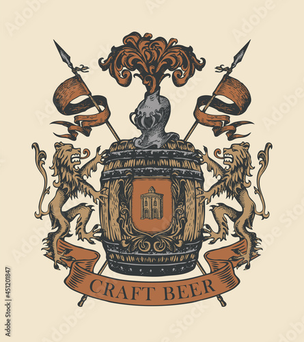Hand-drawn banner for craft beer in form of vintage coat of arms. Vector emblem for brewery with a wooden barrel, lions, flags, spears, knightly helmet and old building on a shield on a light backdrop