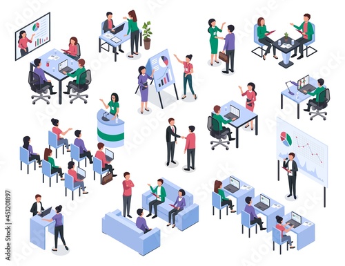 Isometric office meeting, business training, coaching and mentoring. Leader presenting new project. Educational business seminars vector set. Employees discussing company development