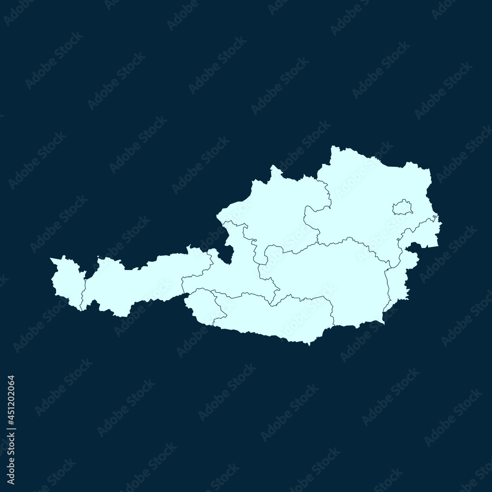 High Detailed Modern Blue Map of Austria on Dark isolated background, Vector Illustration EPS 10 High Detailed Modern Blue Map of Austria on Dark isolated background, Vector Illustration EPS 10
