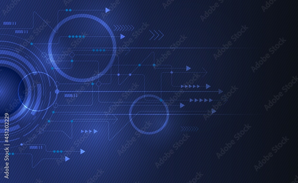 Background for a presentation on physics. Electronic technological background. Abstract vector illustration of solid and discontinuous circles with arrow lines on a blue background.