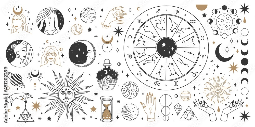 Mystical astrology, boho celestial and magic occult elements. Sacred mystic moon, sun, star, zodiac symbols and constellation vector set. Mystical and esoteric elements for astrology - obrazy, fototapety, plakaty 