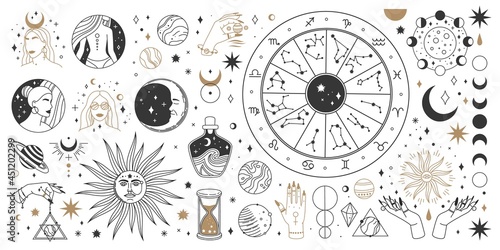 Mystical astrology, boho celestial and magic occult elements. Sacred mystic moon, sun, star, zodiac symbols and constellation vector set. Mystical and esoteric elements for astrology photo