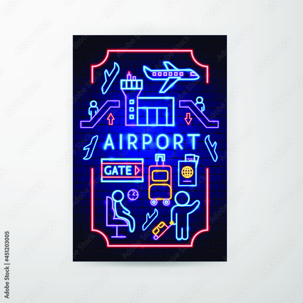 Airport Neon Flyer. Vector Illustration of Plane Promotion. Airport Neon Flyer. Vector Illustration of Plane Promotion.