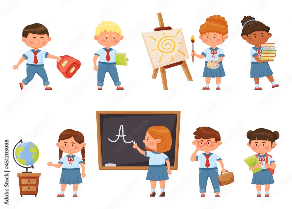 Cartoon school children in uniform, kids students with backpacks. Back to school. Happy boys and girls pupils holding books vector set. Characters painting on canvas, writing on blackboard Cartoon school children in uniform, kids students with backpacks. Back to school. Happy boys and girls pupils holding books vector set. Characters painting on canvas, writing on blackboard