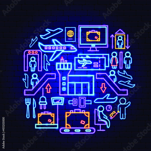 Airport Neon Concept. Vector Illustration of Flight Promotion.