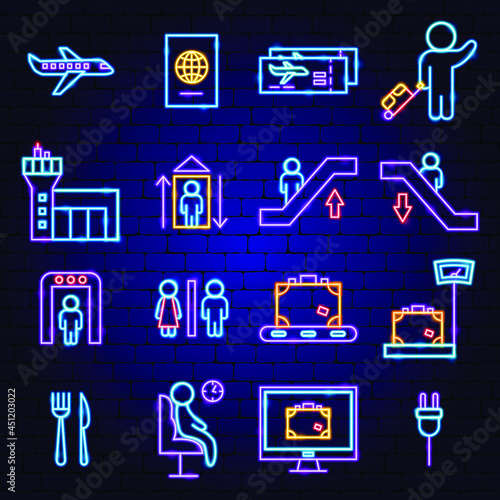 Airport Neon Icons. Vector Illustration of Flight Promotion.