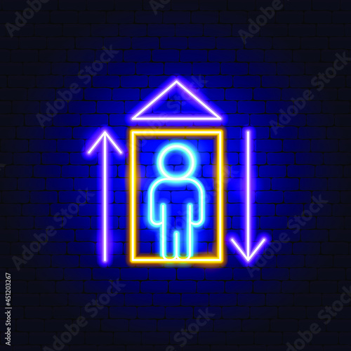 Elevator Neon Sign. Vector Illustration of Transport Promotion.