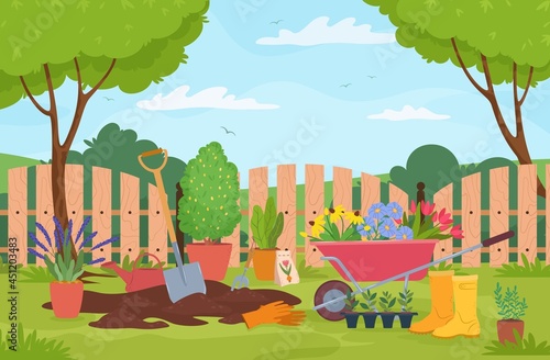 Garden landscape with plants, trees, fence and gardening tools. Wheelbarrow with flowers, plant seeds, shovel. Spring garden vector illustration. Equipment and plants for horticulture