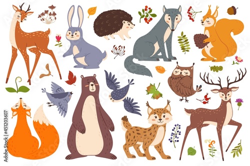 Forest wildlife animals and birds, cute woodland animal. Deer, fox, bear, squirrel, hedgehog, wolf, rabbit. Forest leaves, berries vector set. Plants and funny characters, flora and fauna