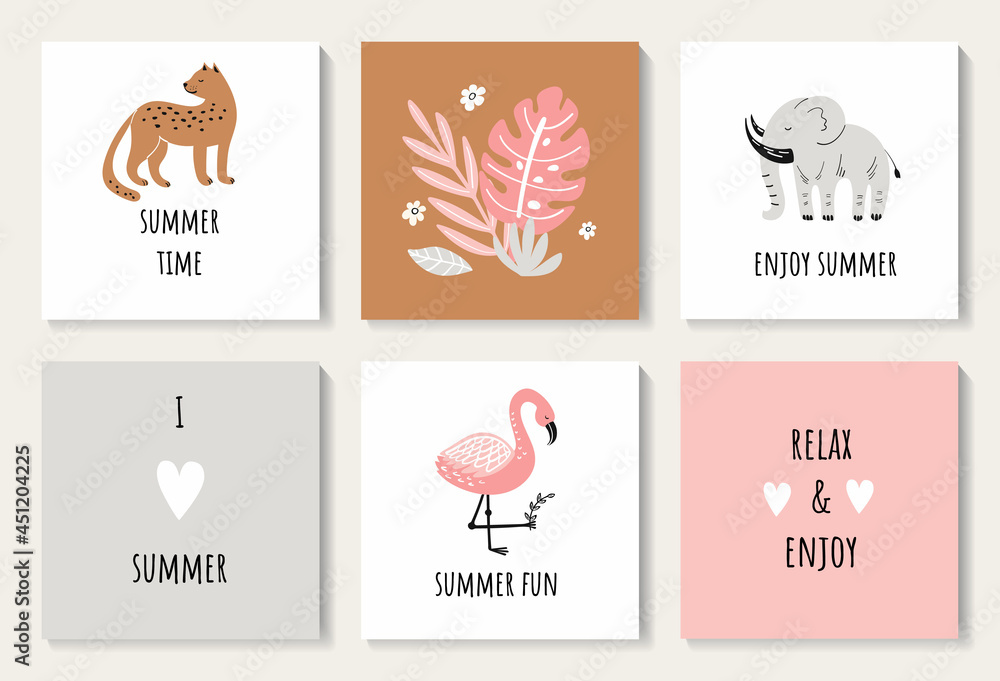 A set of postcards with a cute leopard, elephant, flamingo, leaves