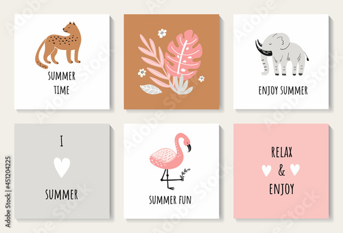 A set of postcards with a cute leopard  elephant  flamingo  leaves