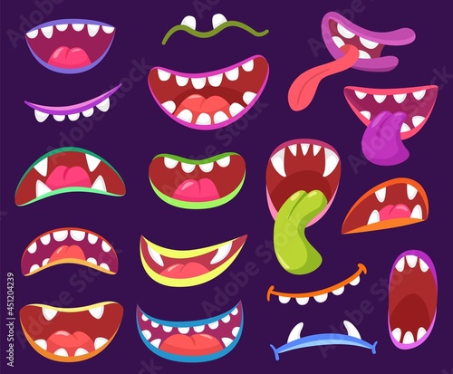 Cartoon halloween scary monster mouths with teeth and tongue. Funny monsters characters expressions, creatures open mouth with fangs vector set. Colorful crazy aliens lips showing tongue