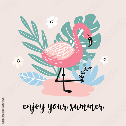 Summer banner wth cute flamingo and hand drawn element