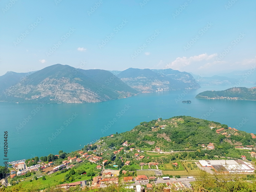 Panoramic view of lake iseo from sulzano, elevated view, italy