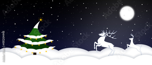 Christmas card. Deer gallop against the background of the night sky with the moon across a snow-covered field. Winter moonlit night.moonlit night.
