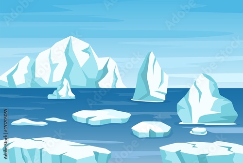 Arctic polar landscape with icebergs, glaciers and ice rocks. Melting iceberg drifting in ocean. Antarctic mountains scene vector illustration. Cold winter season, global warming melt