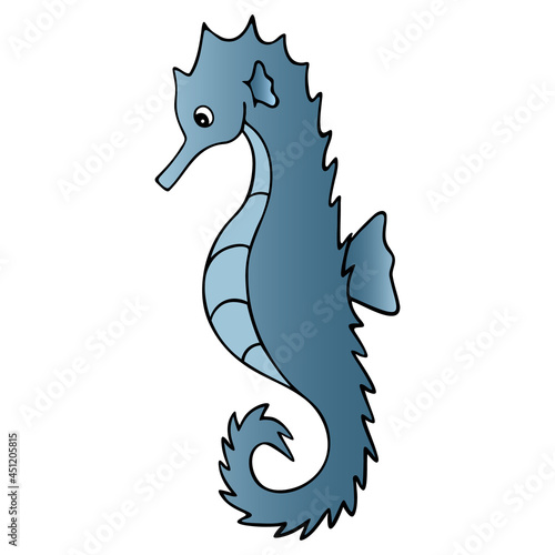 Sea Horse. Fish of the order of needle-like. Master of disguise. Colored vector illustration. Isolated white background. Ocean dweller. Cartoon style. The horse is blue. Idea for web design  sticker  