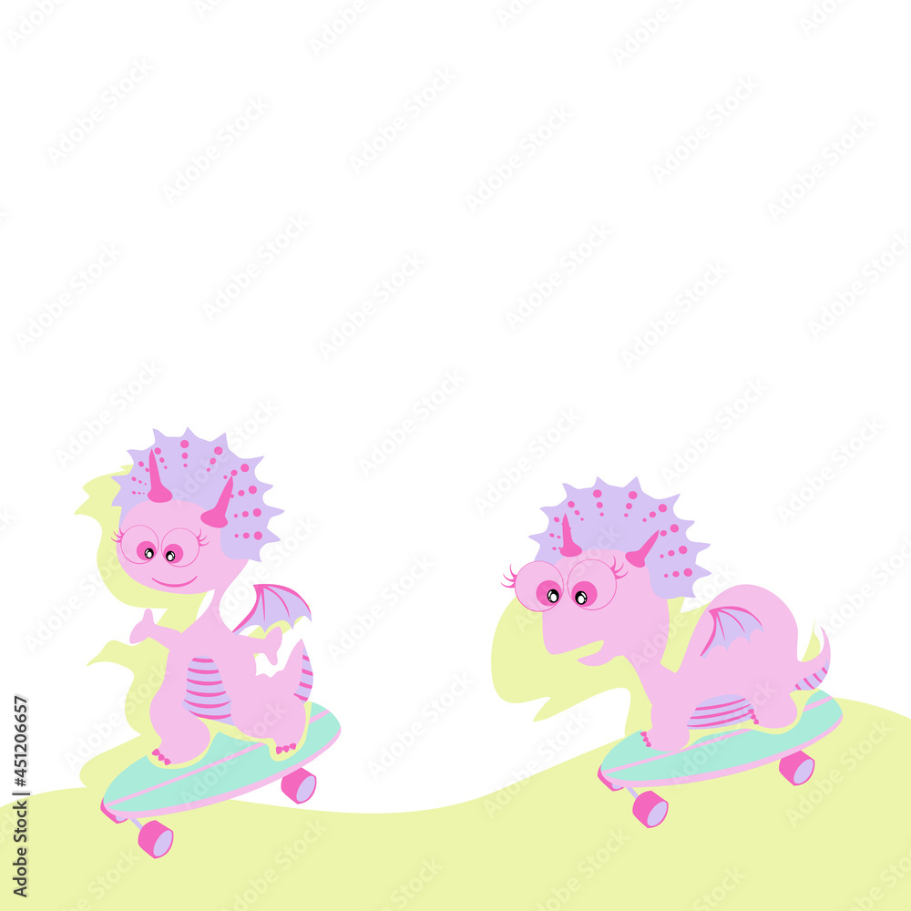 Cartoon image pink two dinosaurs are smiling and having fun on surf skate on park. Vector isolate flat design of funny lettering quote ,hand drawn for greeting card ,poster or kids T-shirt or clothes